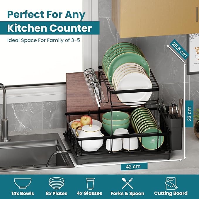 2 Tier Dish Drainer Rack with Drainage Spout,Detachable Dish Drainer Rack,Draining Board Rack with Utensil Holder