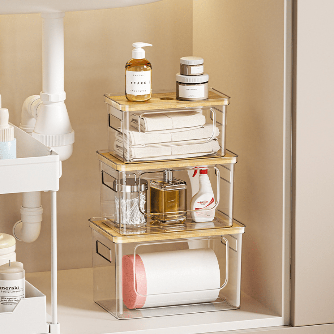 Multi-Purpose Transparent Storage Box with Bamboo Lid