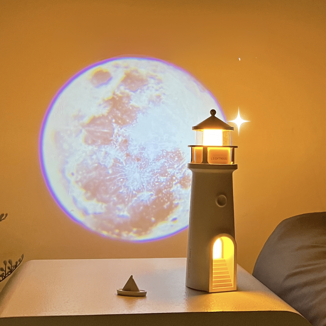 Moon Lamp Lighthouse Night Lights with Full Moon Projector Cordless with Rechargeable Charging