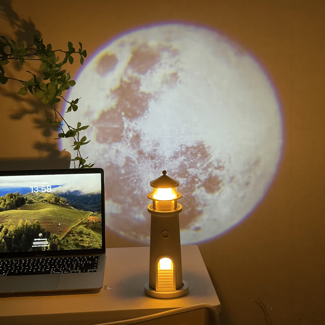 Moon Lamp Lighthouse Night Lights with Full Moon Projector Cordless with Rechargeable Charging