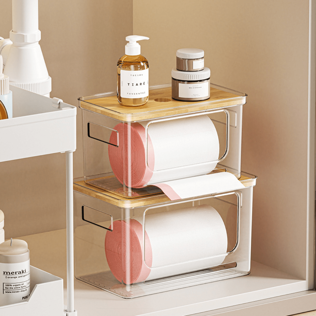 Multi-Purpose Transparent Storage Box with Bamboo Lid