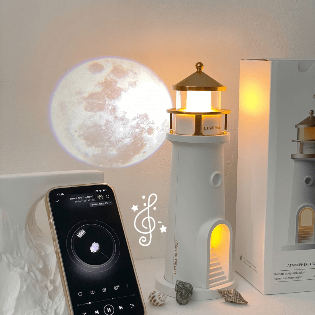 Moon Lamp Lighthouse Night Lights with Full Moon Projector Cordless with Rechargeable Charging