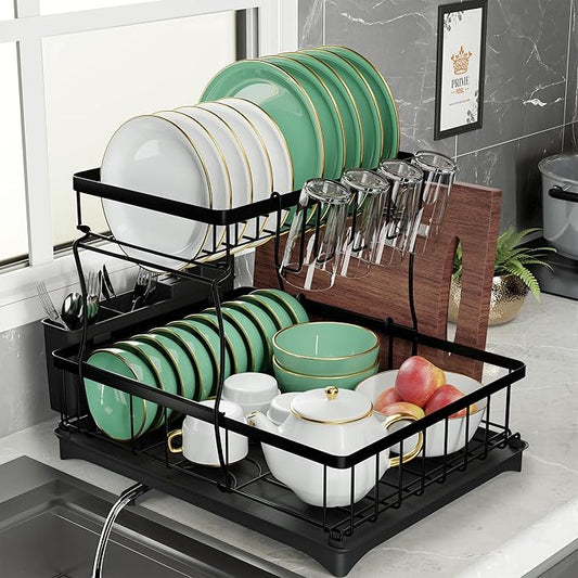 2 Tier Dish Drainer Rack with Drainage Spout,Detachable Dish Drainer Rack,Draining Board Rack with Utensil Holder